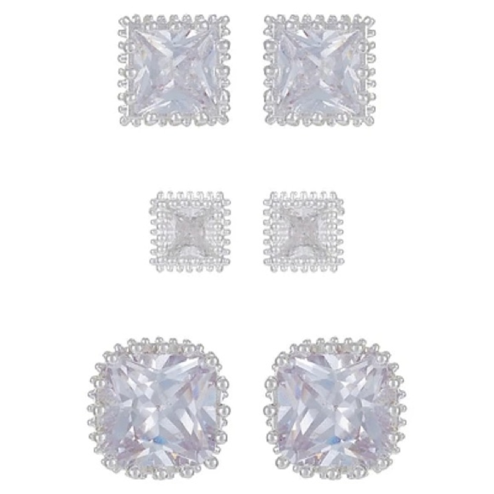 Silvertone & Cubic Zirconia 3-Pair Stud Earring Set